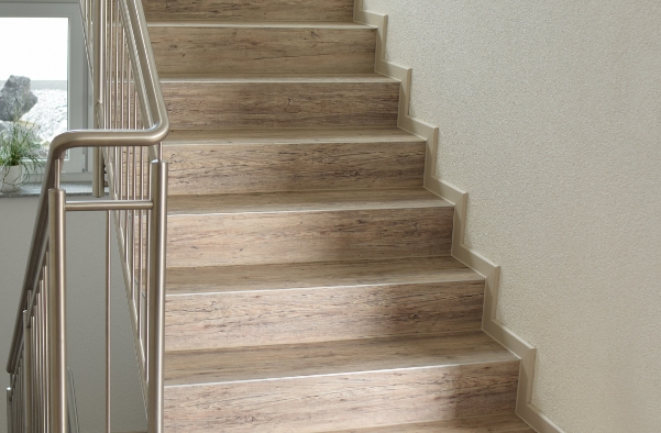 Wood appearance LVT flooring on stairs