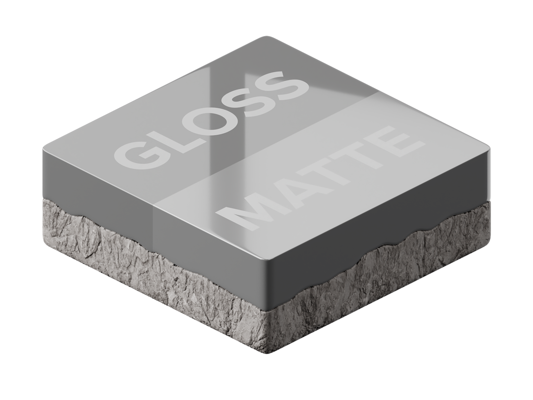 3d image showing the layers of a self levelling floor, showing matte and gloss finish options