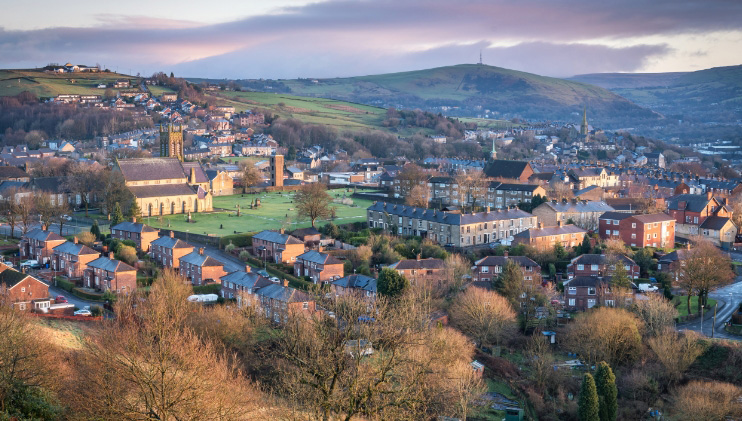 birdseye view over a town in greater manchester
